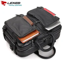 LEXEB Genuine Leather Men Laptop Trolley Travel Bag Multi-Function Travel Duff Hand Luggage Large Capacity Casual Tote Black