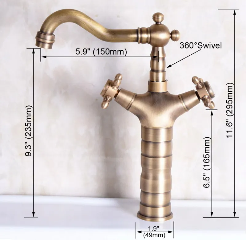 Vintage Retro Antique Brass Dual Cross Handles Bathroom Kitchen Basin Sink Faucet Mixer Tap Swivel Spout Deck Mounted mnf246