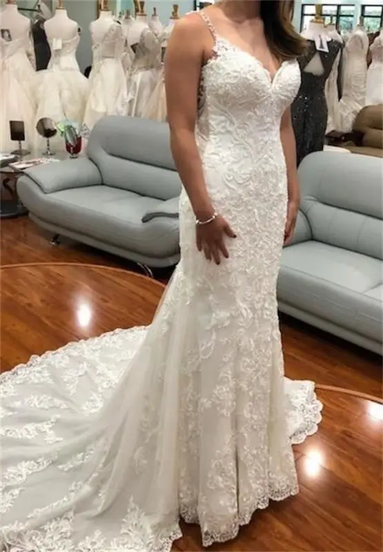 

Simple Mermaid Wedding Dresses New Sleeveless Long V neck Sweep Strain Lace Applique Formal Wedding Gowns Bridal Dress