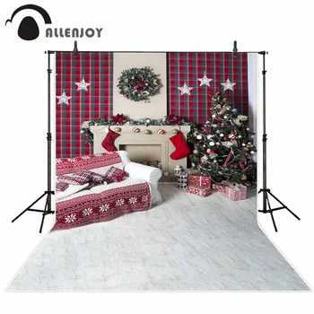 

Allenjoy Background photography studio Christmas Wooden fireplace xmas stockings background for photo shoots vinyl photographic