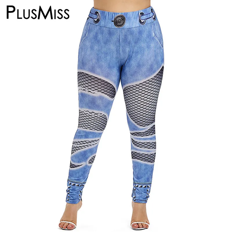 

PlusMiss Plus Size XXXXXL Fishnet 3D Printed Imitation Denim Leggings Women XXXXL XXXL Big Size Jeggings Skinny Leggins Legins