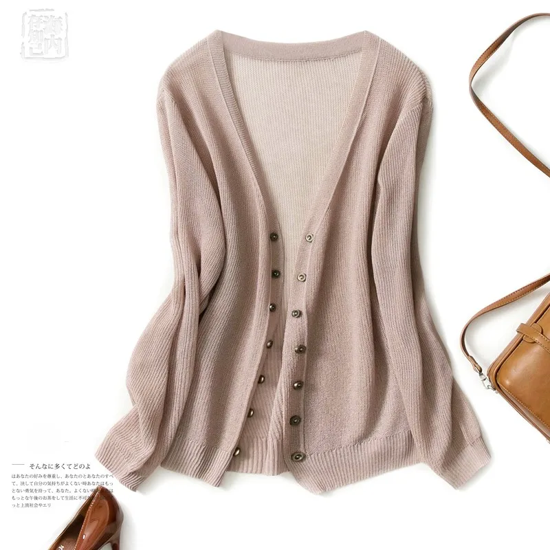 

Women's Double Breasted Deco Cardigan Full Sleeve Knitting Summer Thin Cardigan Linen Coat Jacket Silky Feeling Finer Vogue 2018