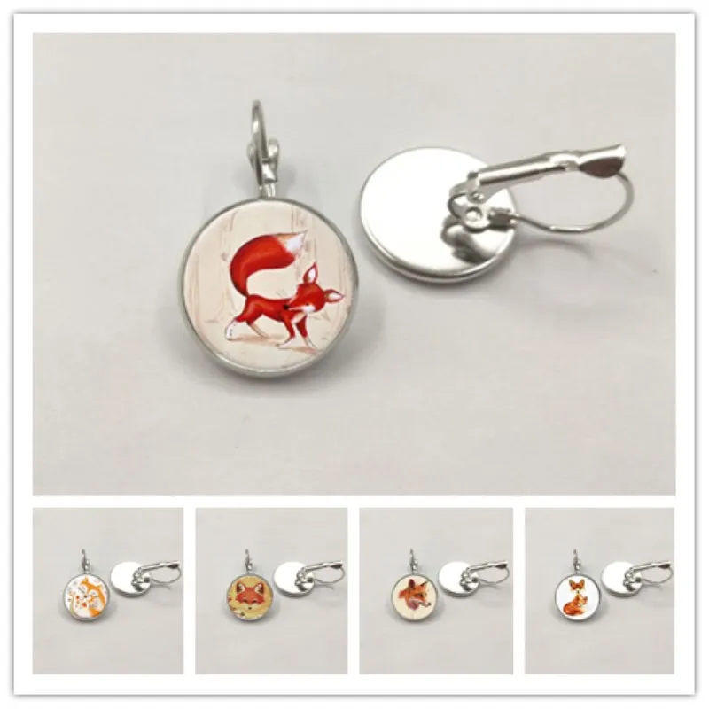 

New handmade fox animal stud earrings vintage silhouette art glass cabochon women earring charms ladies gifts