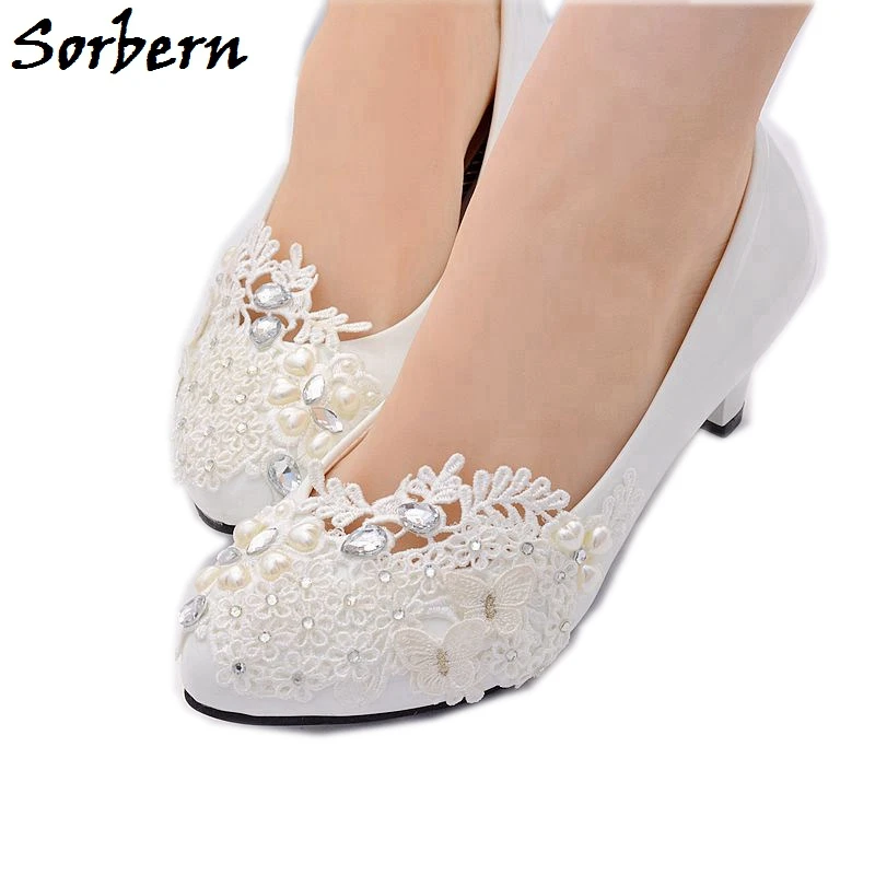 

Sorbern New Korean Wedding Shoes Lace Strap Rhinstones Chinese Knot Cute Heel Appliques Slip-On Wedding Photo Shoot Shoes
