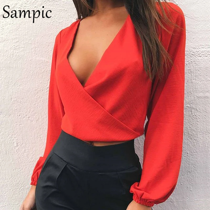 

Sampic chiffon women elegant sexy tops and blouses long sleeve deep v-neck backless ladies solid blouses