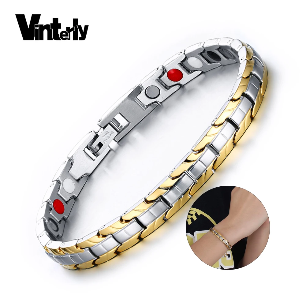 Vinterly здоровья энергии браслеты для женщин золотой цвет цепи из нержавеющей стальной магнитный браслет магнит из Германия Здоровье браслеты