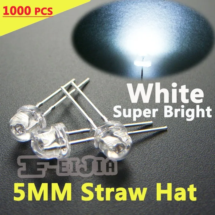 

1000 Pcs 5mm White Straw Hat Water Clear Lndicator lights Super bright Wide Angle 20000MCD LED free shipping