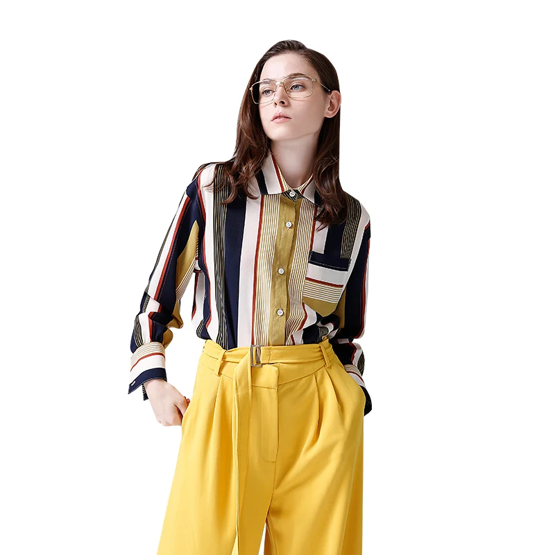 Beste Toyouth Hit Kleur Vrouwen Werkkleding Chiffon Shirts Casual Turn Down Kraag Lange Mouw Blouses Losse Gestreepte Shirts