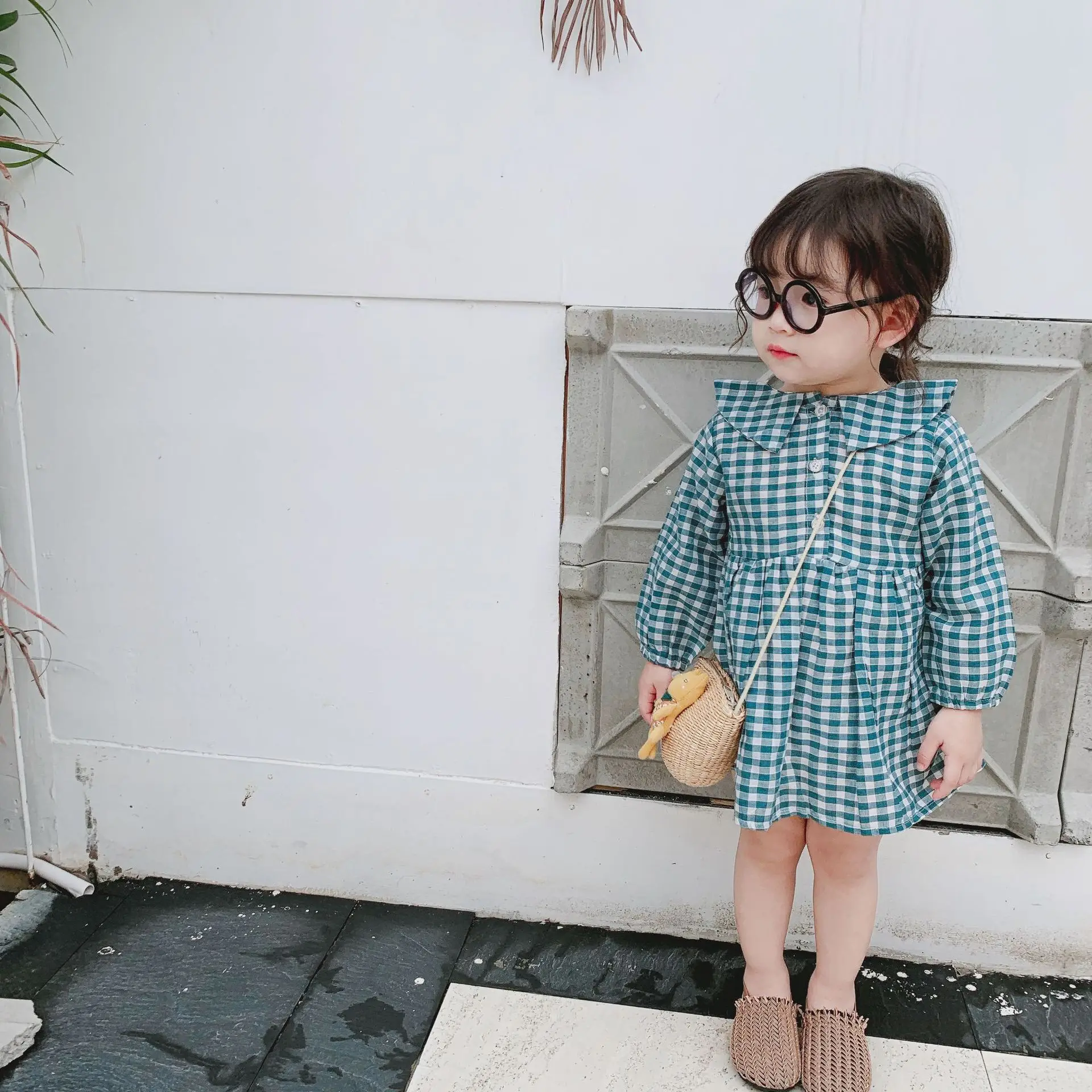 

Korean style cotton plaid doll collar long sleeve dresses for girls pastoral style kids casual cotton linen dress 1-6Y