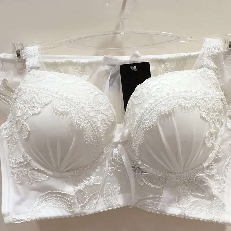 New Elegant Net Yarn Bra Set Embroidery Underwire Push Up Bra Panties Set Five Hook And Eye Sexy Lingerie Lace Bra Brief Set