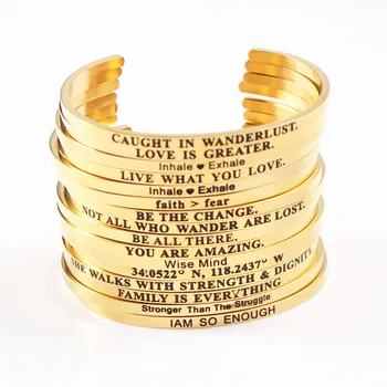 

2017 Fashion Gold Stainless Steel Engraved Positive Inspirational Hand imprint Cuff Mantra Bracelets Bangles for Women