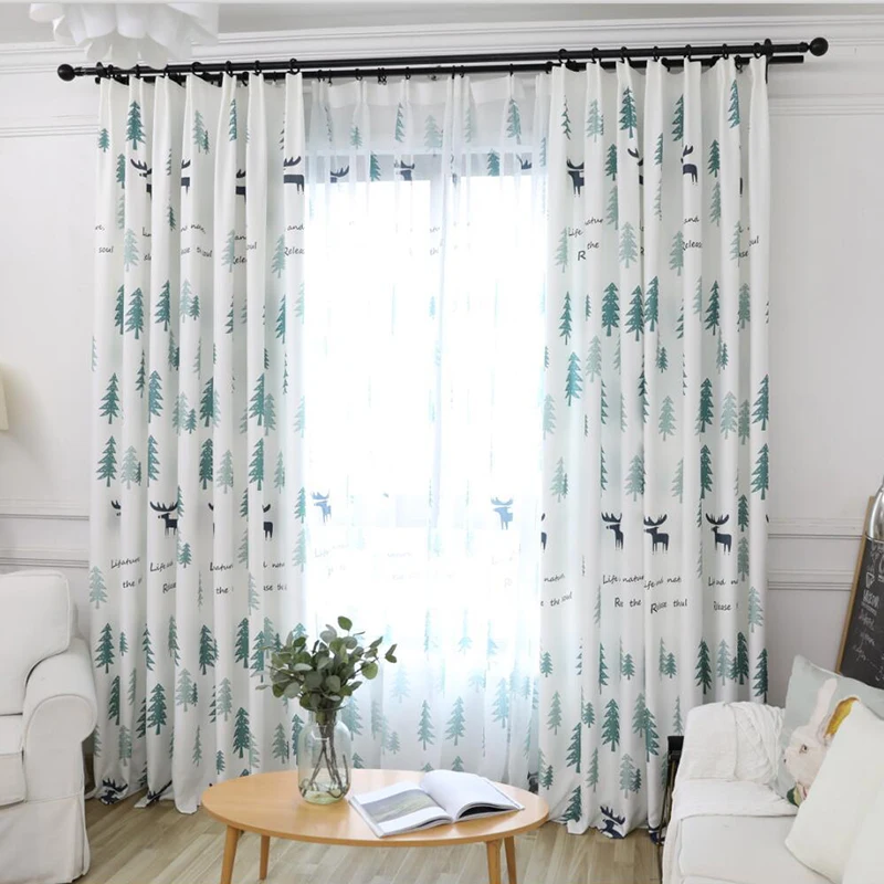 Cortinas opacas de bosque de pino verde Simple moderno para sala de estar de dibujos animados lindo ciervo para los tratamientos de ventana de dormitorio de los niños AH8
