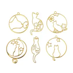 6 шт./компл. металлический каркас DIY ювелирные изделия ожерелье кулон золотой котенок кошка милые Полые рамки УФ эпоксидная смола
