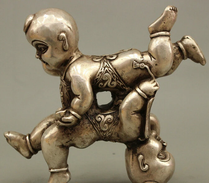 

R0720 Details about 7 Folk Chinese Lucky Silver 4 Happy Boy Kid Lad Statue Bronze Home Art Sculpture