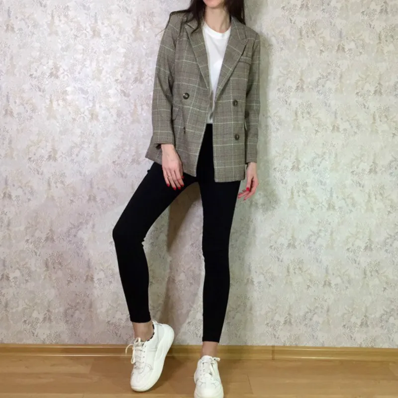 astounding  Plaid Women Vintage Bouble Breasted Spring Pockets Jackets Female Retro Suits Coat Work Feminino Ou