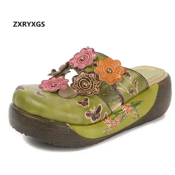 

2019 New Summer Printing Flower Fashion Slippers Women Genuine Leather Sandals Lightweight Beach Platform Slippers Women Sandals