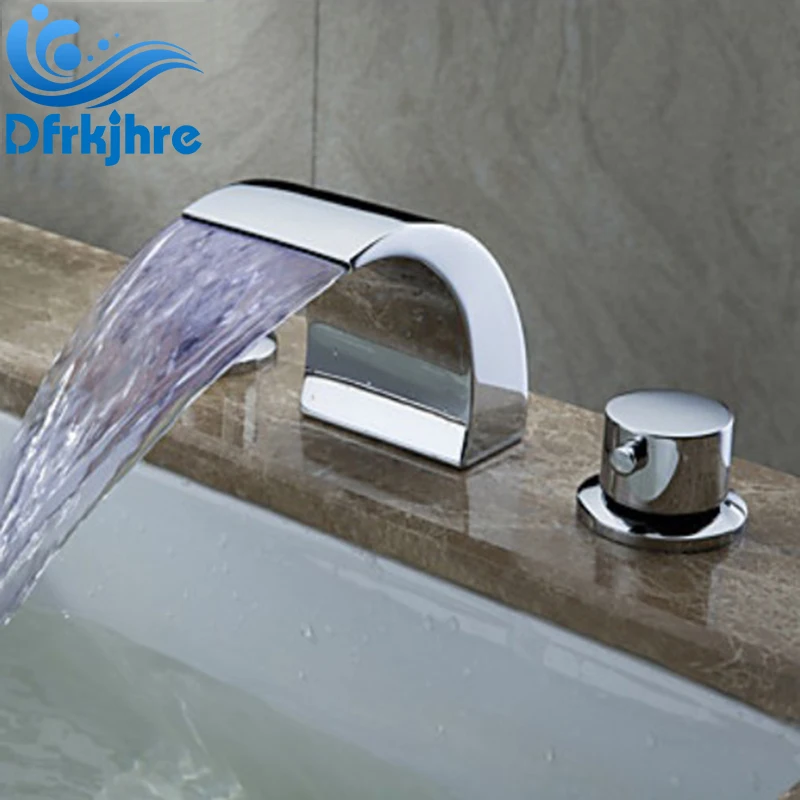 

Bathroom LED Chrome Basin Sink Faucet Hot and Cold Water Mixer Tap Deck Mounted Faucets Waterfall Taps