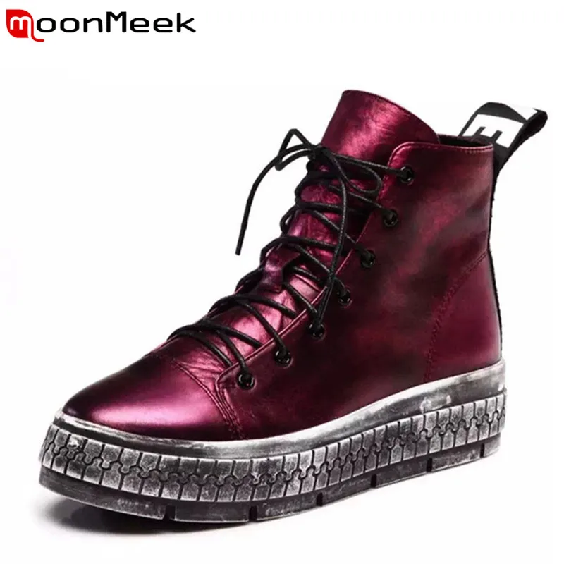 

MoonMeek height increasing flat women ankle boots popular punk style party shoes genuine leather in spring