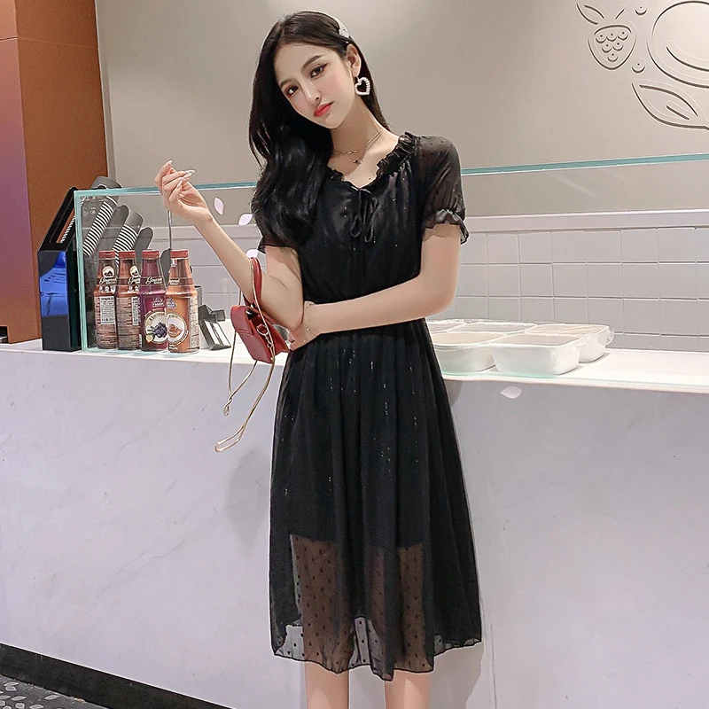 Casual Elegant Simple Black Dress Women Korean Style Grace Lady Lace-up Chiffon Dress Summer S-XL Short Sleeve White Robe Femme