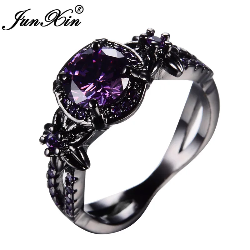 JUNXIN Charm Female Wedding Ring With Purple Zircon Black Gold Filled Vintage Round Feb Birthstone Star Flower Engagement Ring