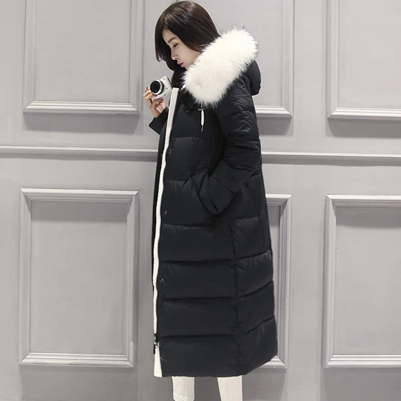 2018 New European Women's Down Jacket Female Thick Big Fur Collar Hoodie White Down Coat Parka Winter Jacket Women High Quality