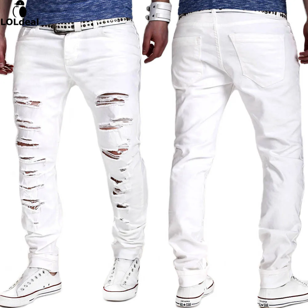 

Loldeal NEW Denim Ripped Jeans for Men Skinny Distressed Slim Fit Designer Biker Hip Hop White Black Jeans Male Skinny Jeans