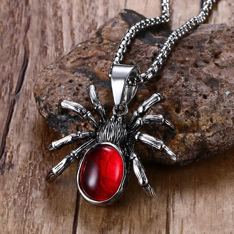 Mens Punk Vintage Retro Black Widow Spider Stainless Steel Pendant