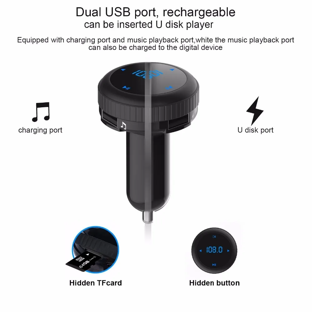 Handsfree Car Kit FM Transmitter Modulator Bluetooth 4.2 Car MP3 Player LED Monitor Dual USB Support TF Card USB Flash Driver