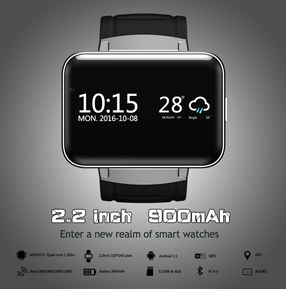 Домино DM98 Bluetooth Смарт часы 2,2 дюймов Android 5,1 OS 3g Smartwatch телефон MTK6572A двухъядерный 1,2 ГГц 4 Гб rom камера WCDMA gps