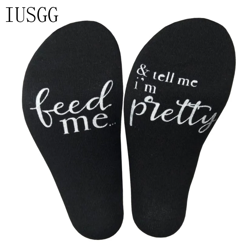 

2 Pairs Crew Socks Hot Sale Intersting Feed me & tell me i'm pretty tell me Cotton Elastic Comfortable Unisex Socks Wine Socks