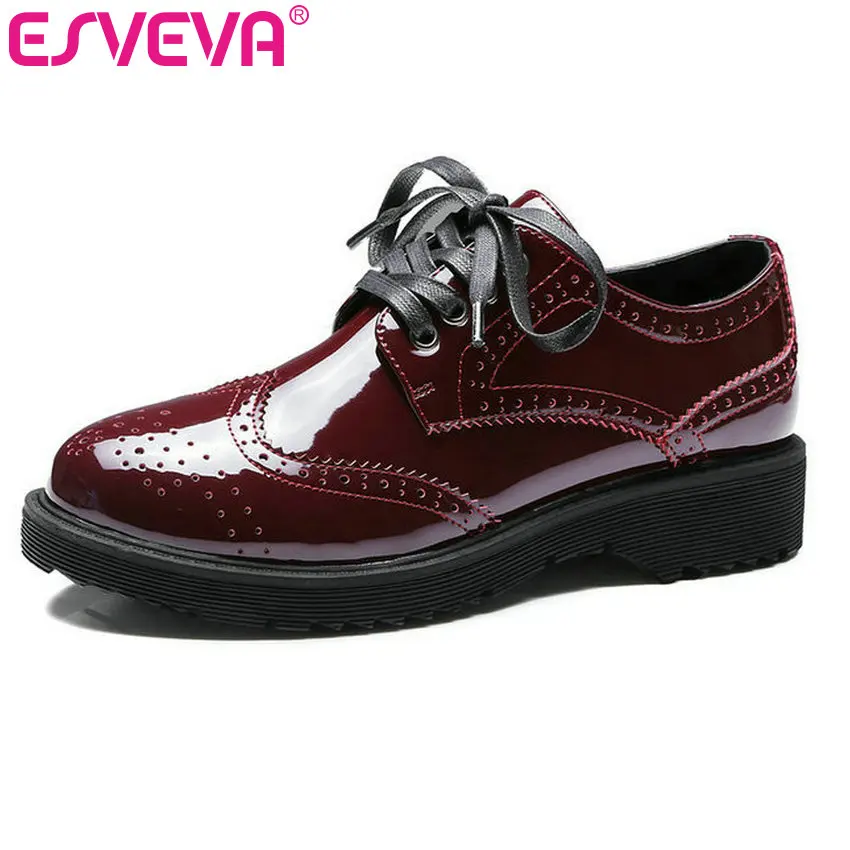 

ESVEVA 2017 British 3 Type Lace Up Fashion Shoes Square Med Heel Women Pumps Round Toe PU Patent Leather Woman Shoes Size 34-39