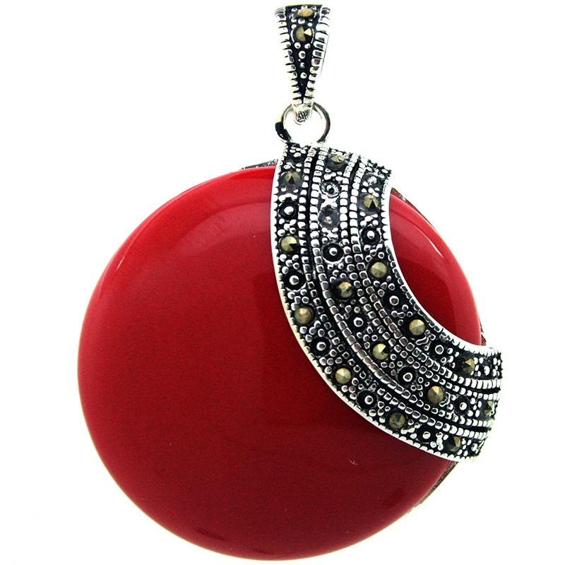 

wholesale good RARE 925 STERLING SILVER RED CORAL ROUND HUGE MARCASITE PENDANT 35*35mm silver-jewelry