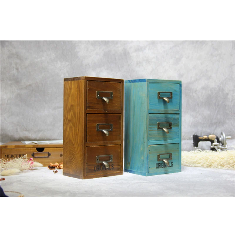 

Fashion Retro Wood Storage Box Locker Jewelry Box Makeup Box Three Drawer Cabinet Desktop Furnishing Drawer Locker Decoration