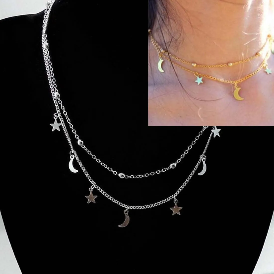 

New fashion jewelry star moon 2 layer choker necklace nice gift for women girl