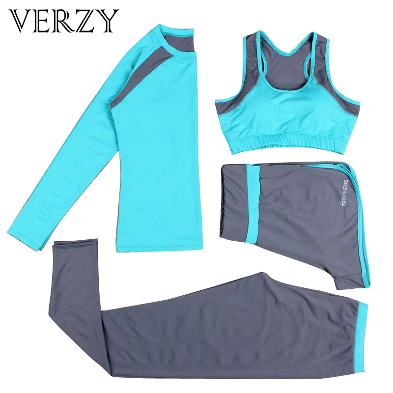 

2017 Hot Yoga Long Sleeveless+Sport Bra+Running Shorts+Fitness Legging 4 Piece Sportswear Breathable Gym Clothing Women Yoga Set