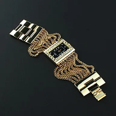 Женские часы из ПК с золотым ремешком с черным циферблатом, кварцевые часы-браслет с чехическим бриллиантом