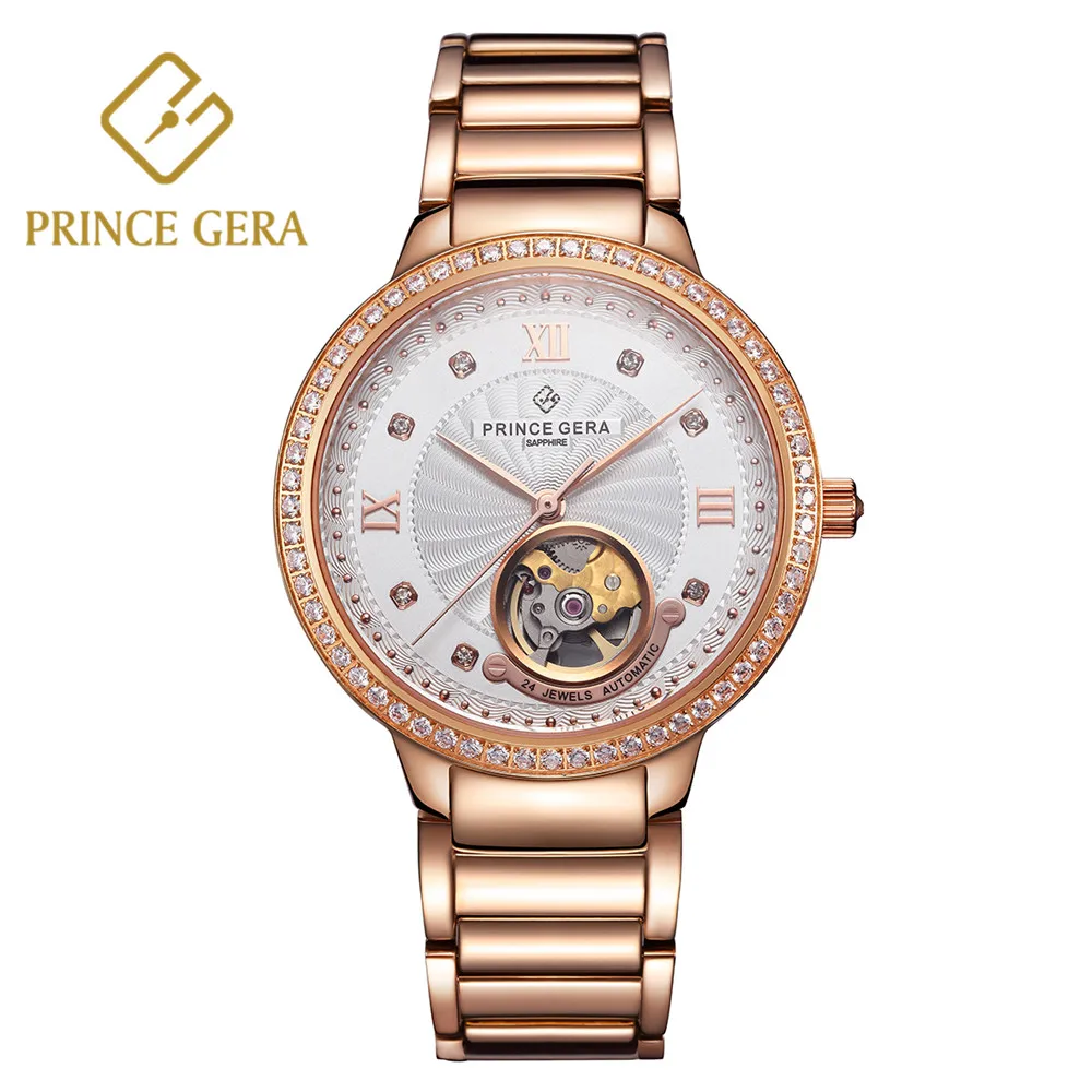 

PRINCE GERA New Women's Automatic Watch Luxury Female Watch Skeleton Dial Shining Diamond Automatic Watch Elegant Wrist Watches