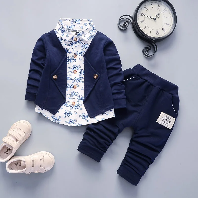 

Boy Clothes Suit Floral Long-sleeved Shirt + Lapel Jacket + Pants 3pcs Baby Autumn Handsome Suit Infant Casual Wear