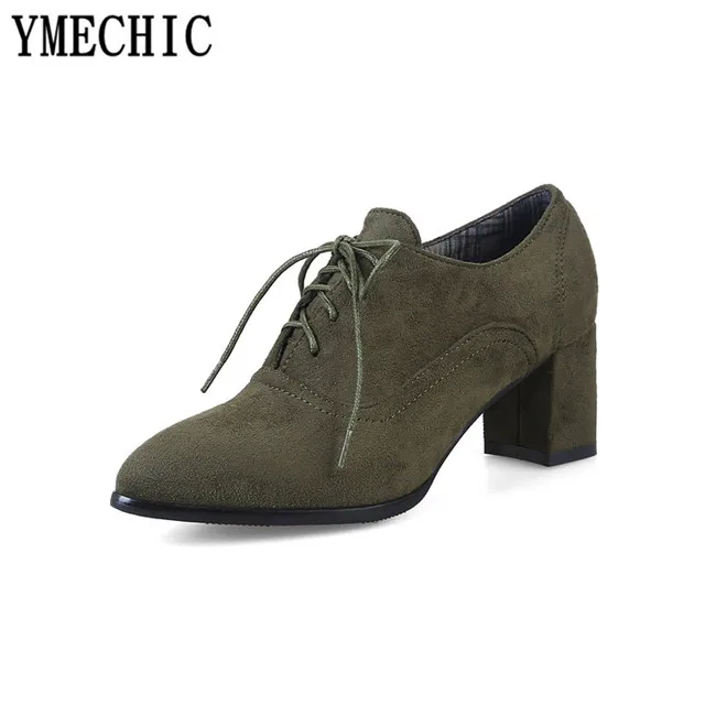 Женские туфли лодочки из флока YMECHIC 2018 коричневые зеленые черные на шнуровке