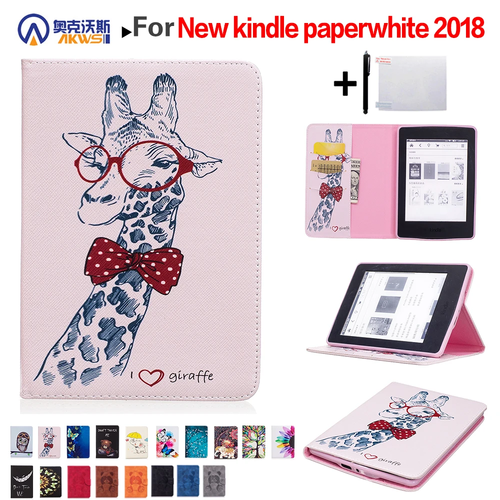 

Walkers PU Leather Cover Case for 2018 New Amazon Kindle Paperwhite 4 Stand Printed Case + Screen Protector Film + Stylus Pen
