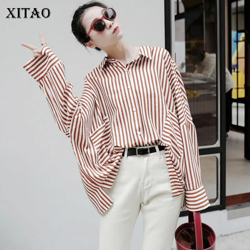 [XITAO]2018 Europe New Spring Casual Women Batwing Sleeve Striped Shirts Female Full Sleeve Single Breasted Blouses LJT1298