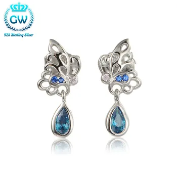 

925 Sterling Silver Earrings Butterfly With Big Blue Cz Drops Earrings Luxury Women Engagement Trendy Jewelry Er1011