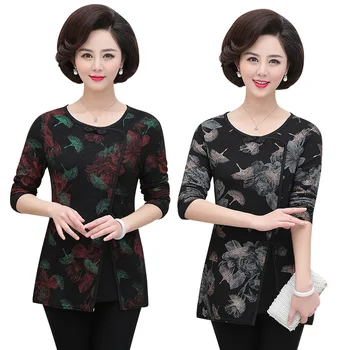 

Floral Pullover Top Woman Bottoming Shirt Spring Autumn New Plus Size Middle Age Mother Clothing Long Sleeve Tshirt Vintage Tee