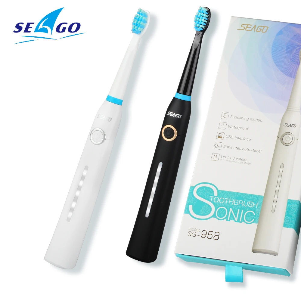 

Seago SG-958 Electric Toothbrush Adult Timer Sonic tooth Brush USB Rechargeable with 3pcs Replacement Brush Head Power display