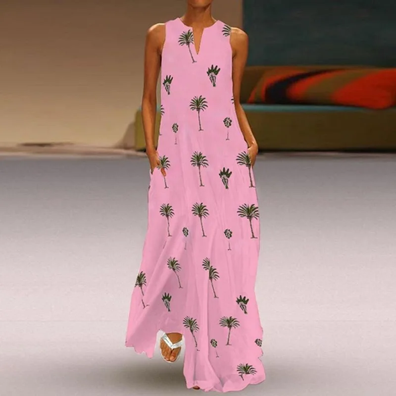 VIEUNSTA, женское винтажное длинное платье с v-образным вырезом и принтом бабочки,, бохо, без рукавов, с карманами, летнее платье, повседневное, свободное, Пляжное, макси платье - Цвет: 04 Pink