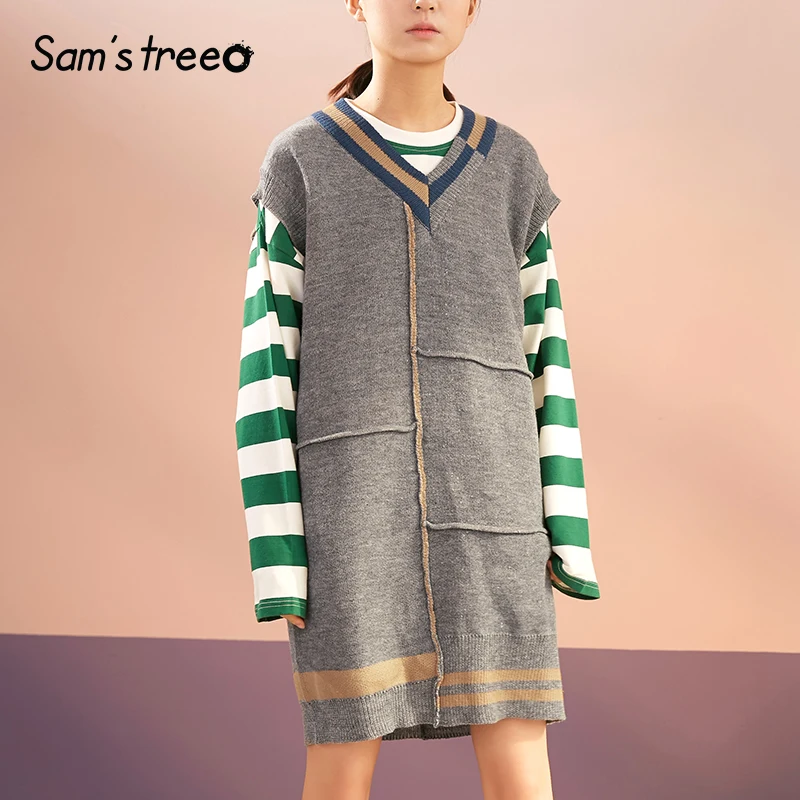 

Samstree Spring Autumn Preppy Style Women Vest Sweater Sleeveless V-Neck Patckwork Color Female Pullover