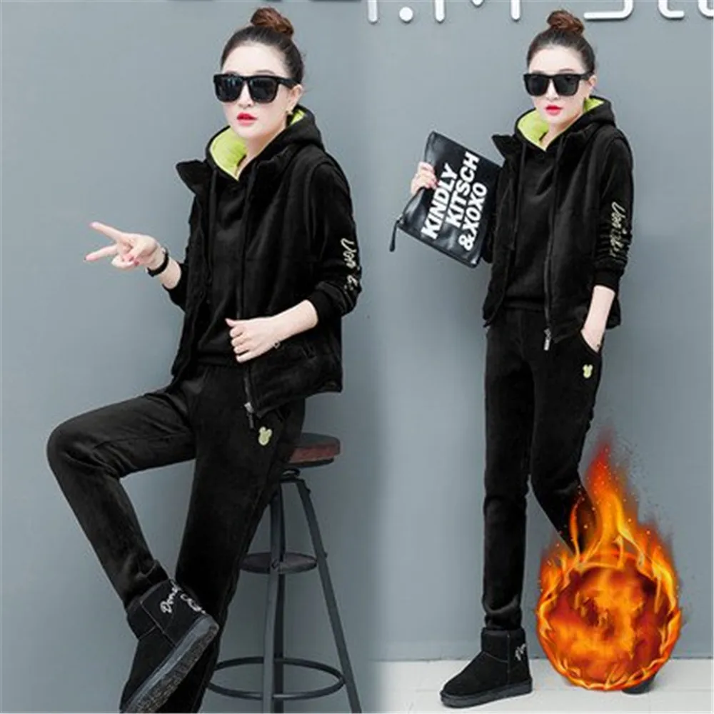 

3PCS Women Tracksuit Sportswear Winter Thickness Fleece Warm Suit Velvet Hoodies Sweatshirt+pants+vest Running Jogger Casual Set