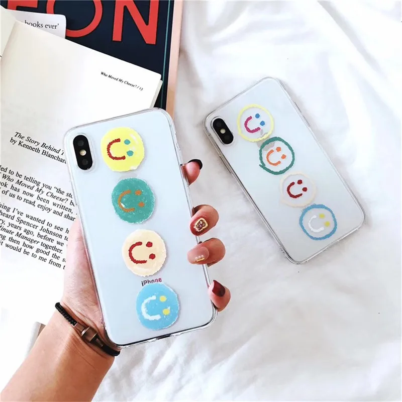 

Japan Korea simple candy color cute cartoon smile phone case For iPhone 8 7 6 6s Plus X XR Xs Max couple clear soft back cover