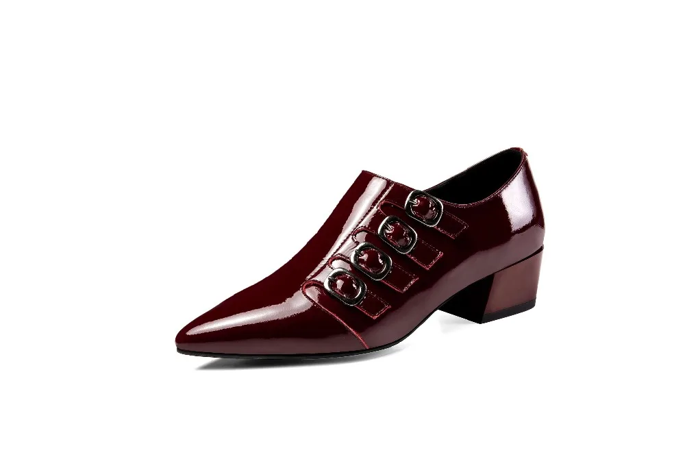 Vache Pot Bout Mature Cuir Taille vin L12 Plus Krazing Noir Rouge La Pompes Décoration Bas Tirette Pointu Européenne Boucles Chunky Talons En Verni Femme q5xdwXT