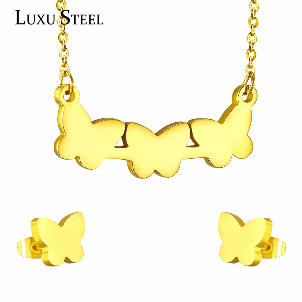 

LUXUSTEEL Cute Earring Fashion Jewelry Butterfly Pendant Necklace Earrings Sets For Women/Girl Bijoux Collier Wholesale